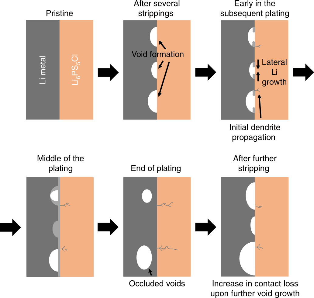 Schematic of void formation in an all solid state cell