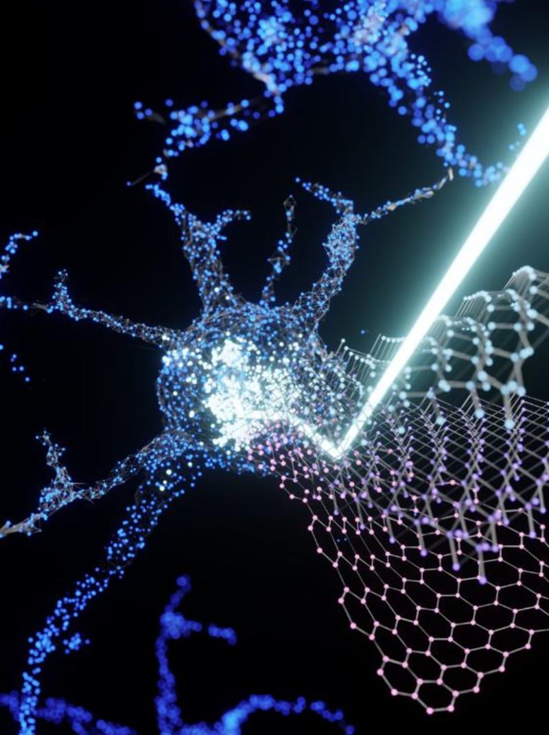 An artistic illustration depicting a neuron that is created by stacking atomically thin materials. Utilising optical and electrical signaling, these artificial neurons can perform neural algorithms that mimic biological learning A cluster of atoms emitting a clearly defined ray of light