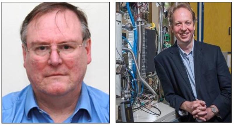 #1 head and shoulders of Professor Grovenor.  #2  Professor Nellist in his lab, leaning against a microscope