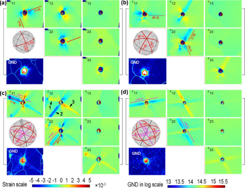 image of 3d deviatoric strain tensor near indents in varying orientations and a pure tungsten single crystal