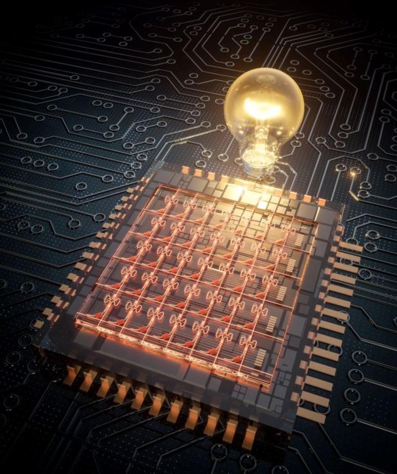 A motherboard background with a lightbulb on top of it next to an advanced circuit board