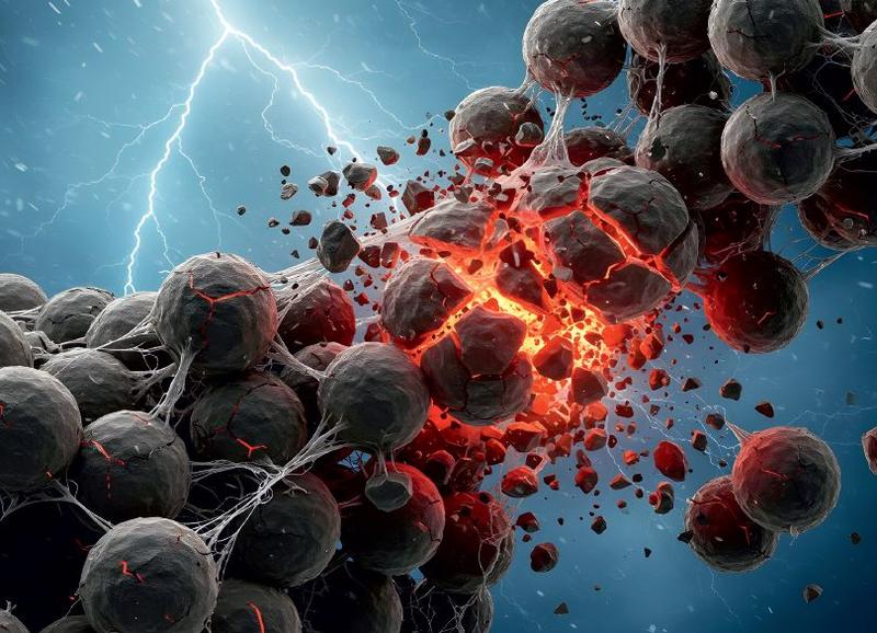 Particles fracturing and revealing red hot lava with lightning behind them