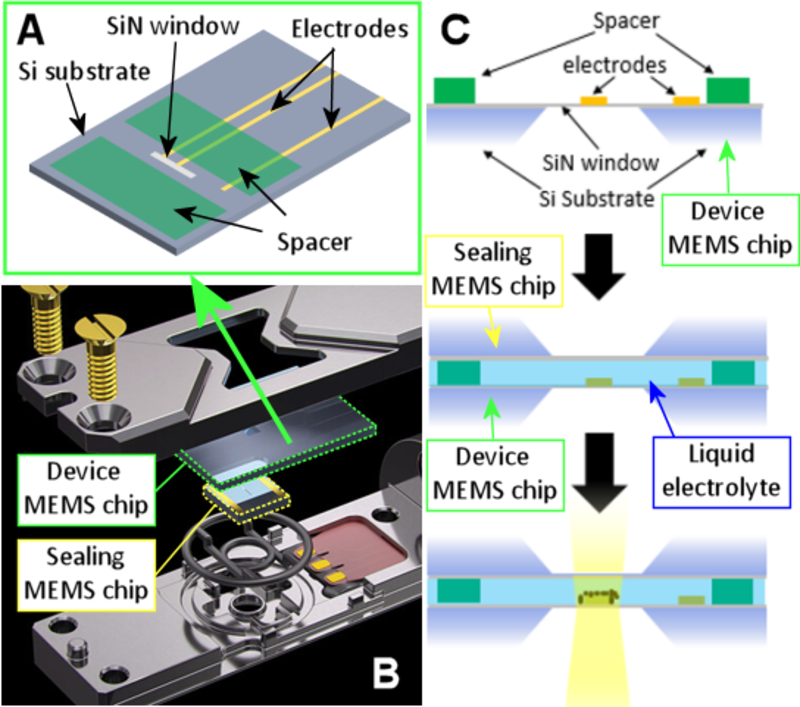 TEM holder for imaging MEMS chip operating in electrolyte