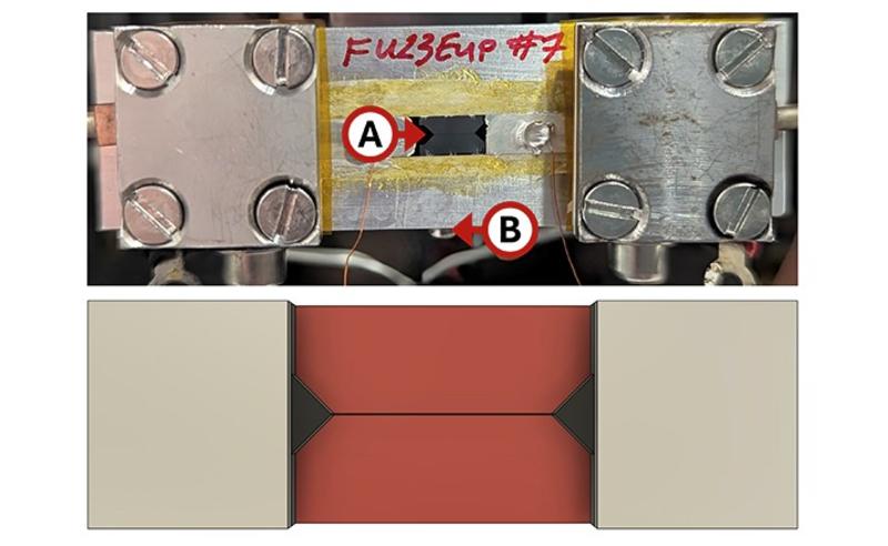 Two tiles  a patterned coated conductor sample and CAD render of the REBCO bridge and oxide buffers
