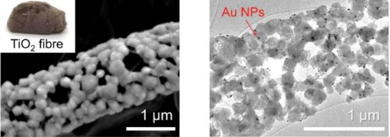 Two tiles - the hierarchical porous tio2 fibres and the gold nanoparticles 