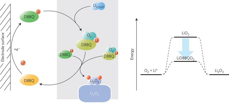 Schematic od redox mediators in a lithium-air cells