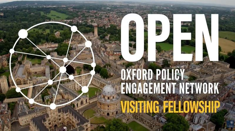 An aerial view of Oxford, with the words 'OPEN Oxford Policy Engagement Network Visiting Fellowship' superimposed