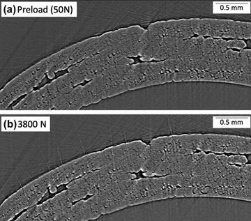 Two crack images at 0 5mm of pre load and 3800N 